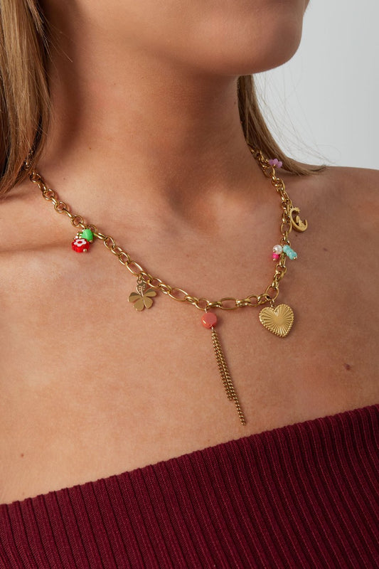 Charm Necklace Big Chain Heart Lucky Charm Multicolor & Chain String Silver