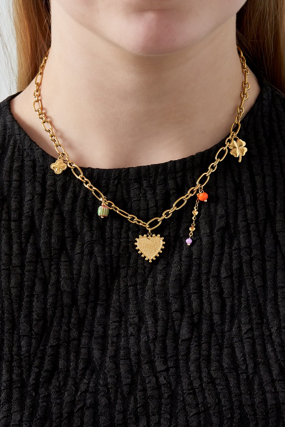 Charm Necklace Big Boho Heart & Multicolor Pearls Gold