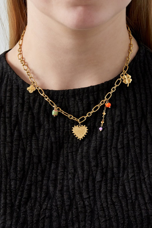 Charm Necklace Big Boho Heart & Multicolor Pearls Gold
