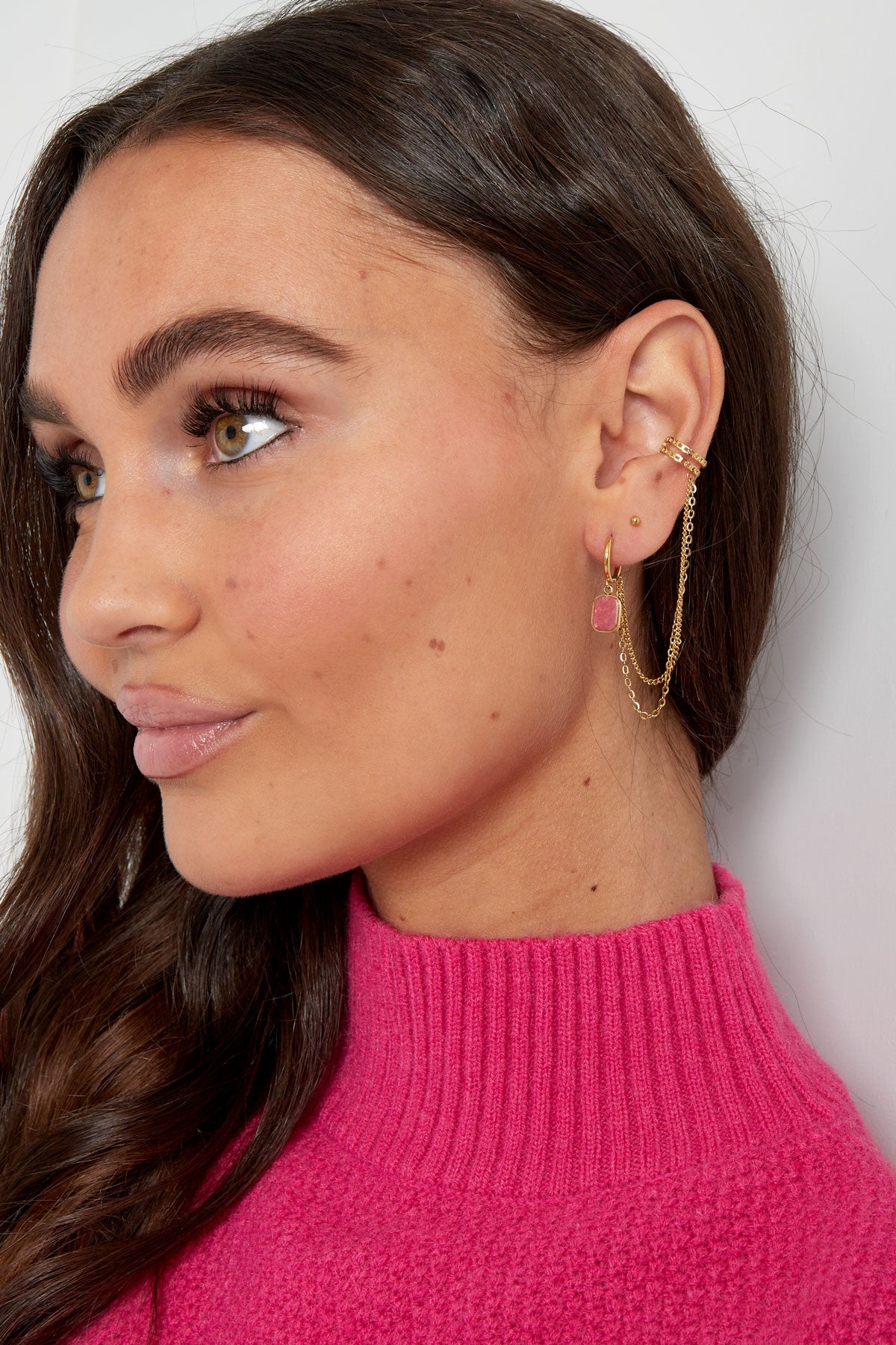 Duo Chain Nature Stone Pink with Earcuff