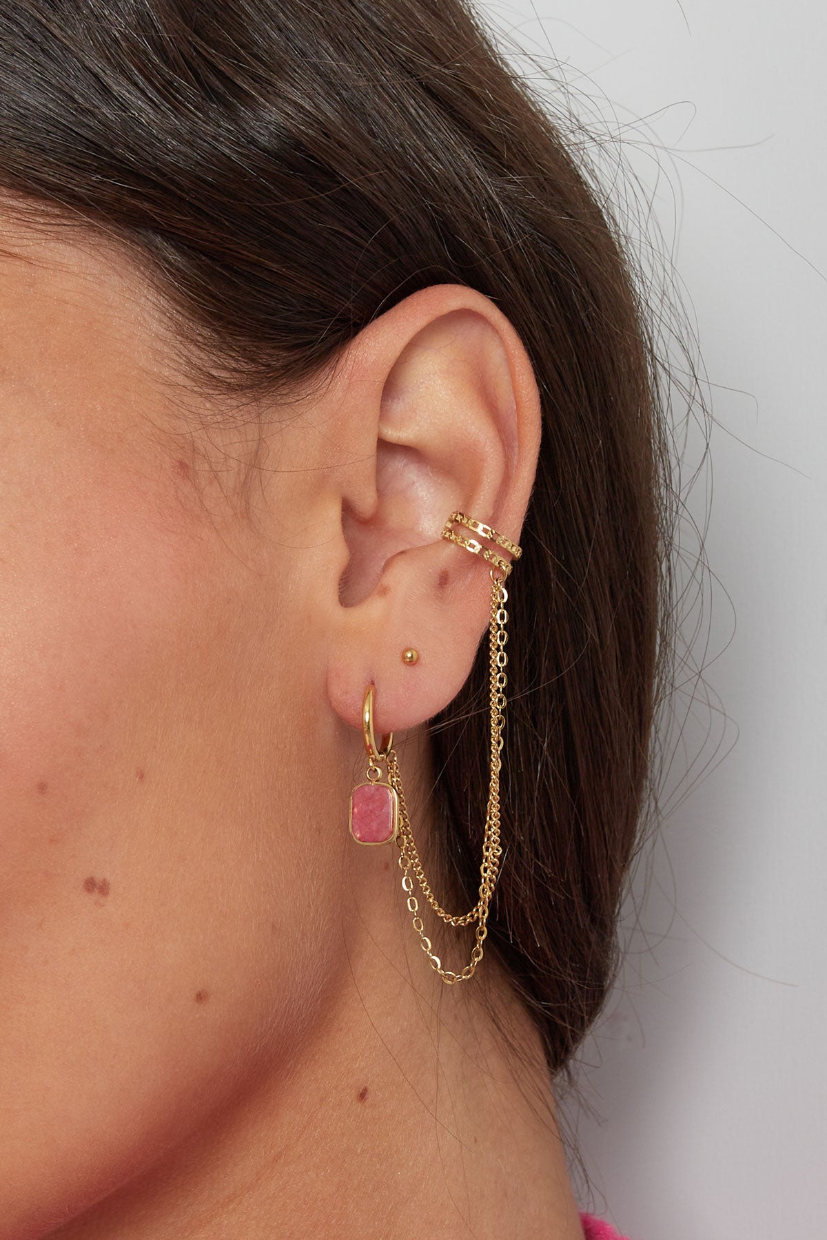 Duo Chain Nature Stone Pink with Earcuff