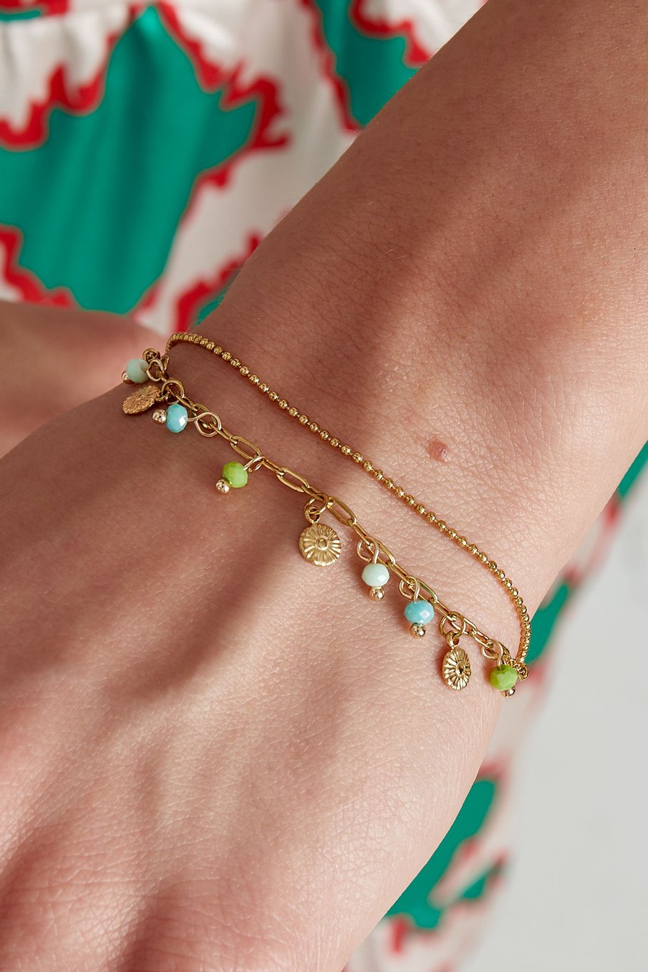 Double Bracelet Multi Color Pearls (Red & Pink) Gold