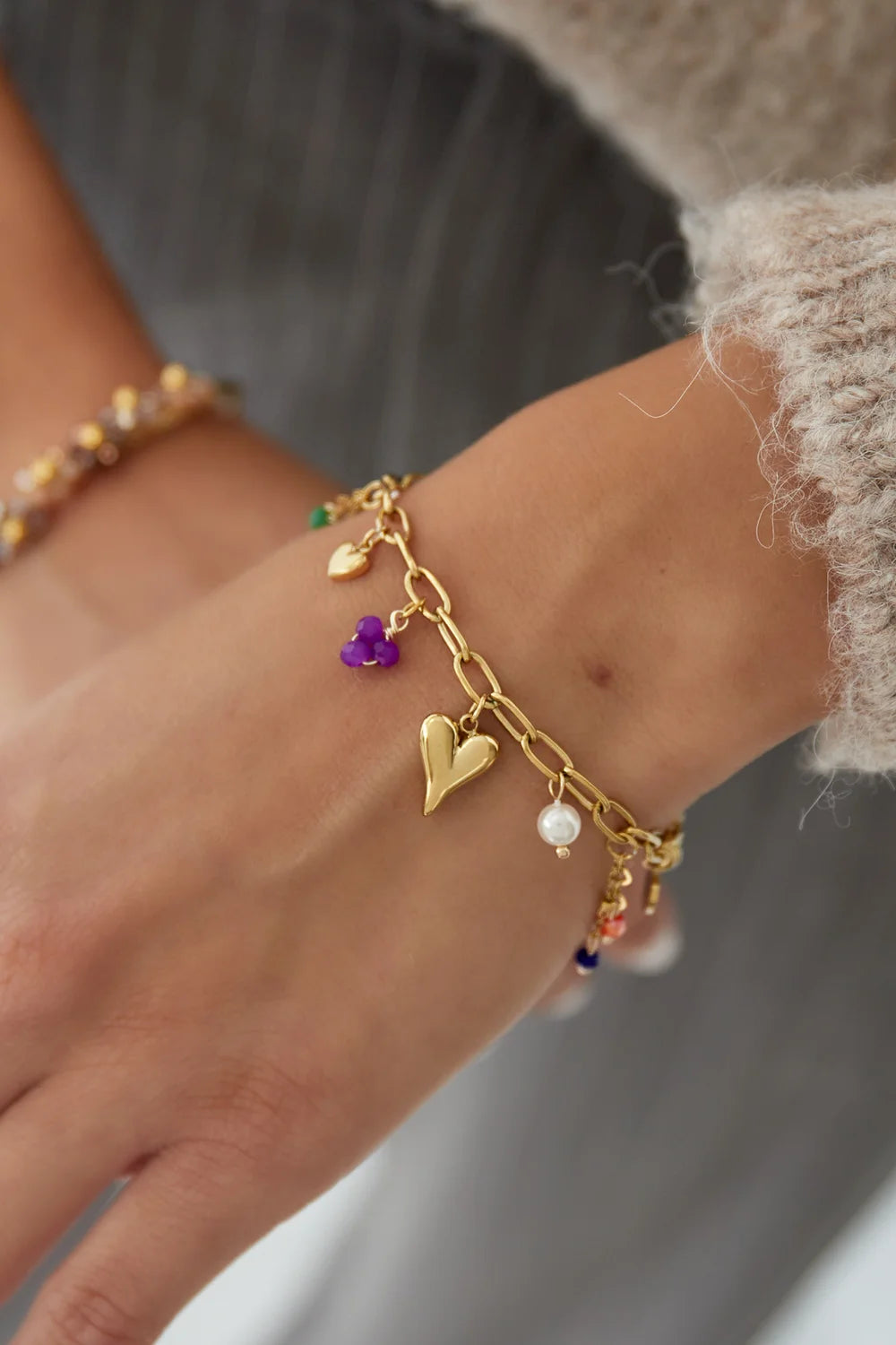 Charm Bracelet Heart & Triple Purple Pearls