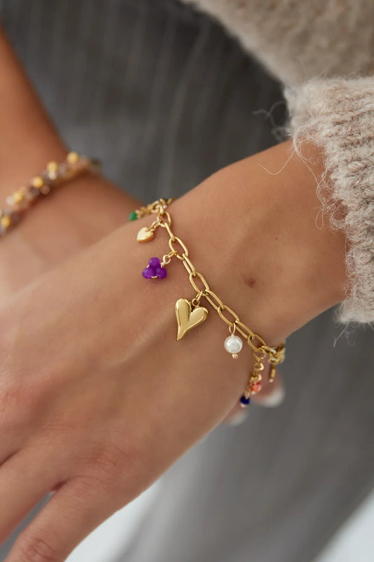 Charm Bracelet Heart & Triple Purple Pearls