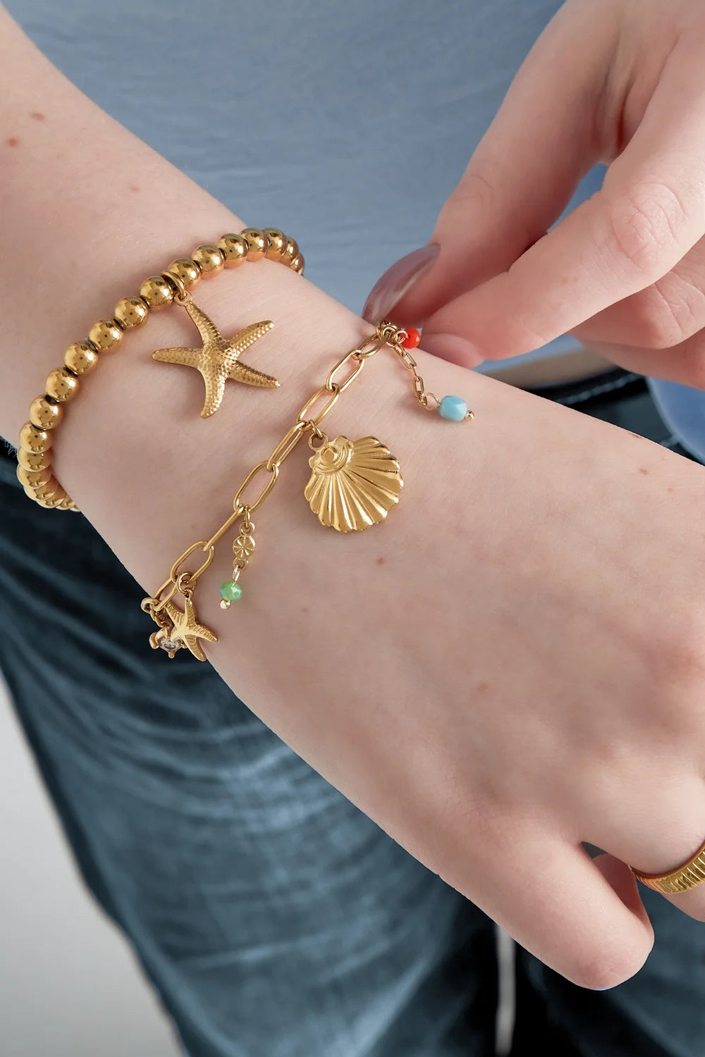 Charm Bracelet Seashell Starfish Blue Pearl String