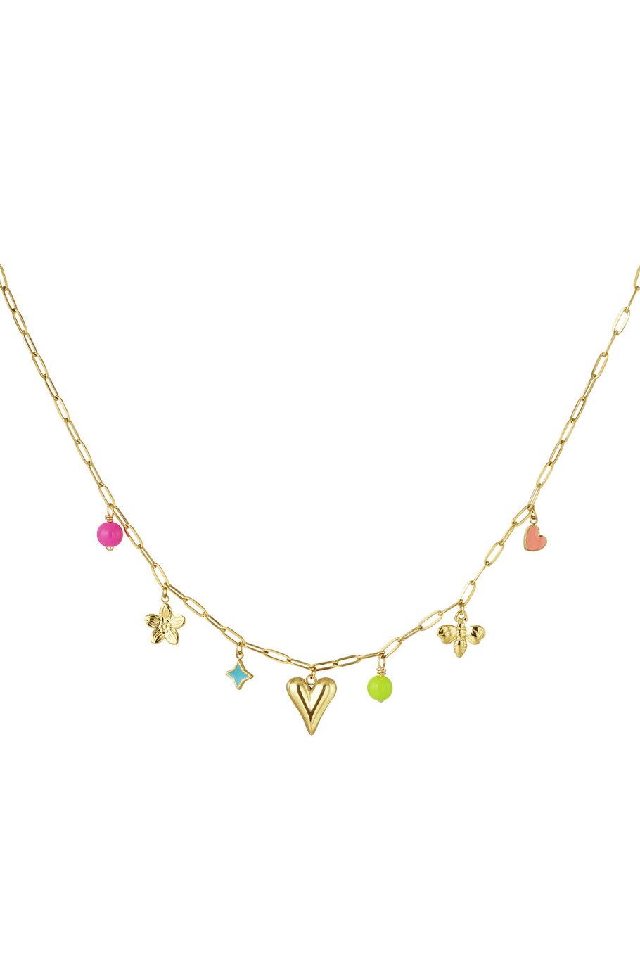 Charm Necklace Heart & Colorfull Pearls Gold