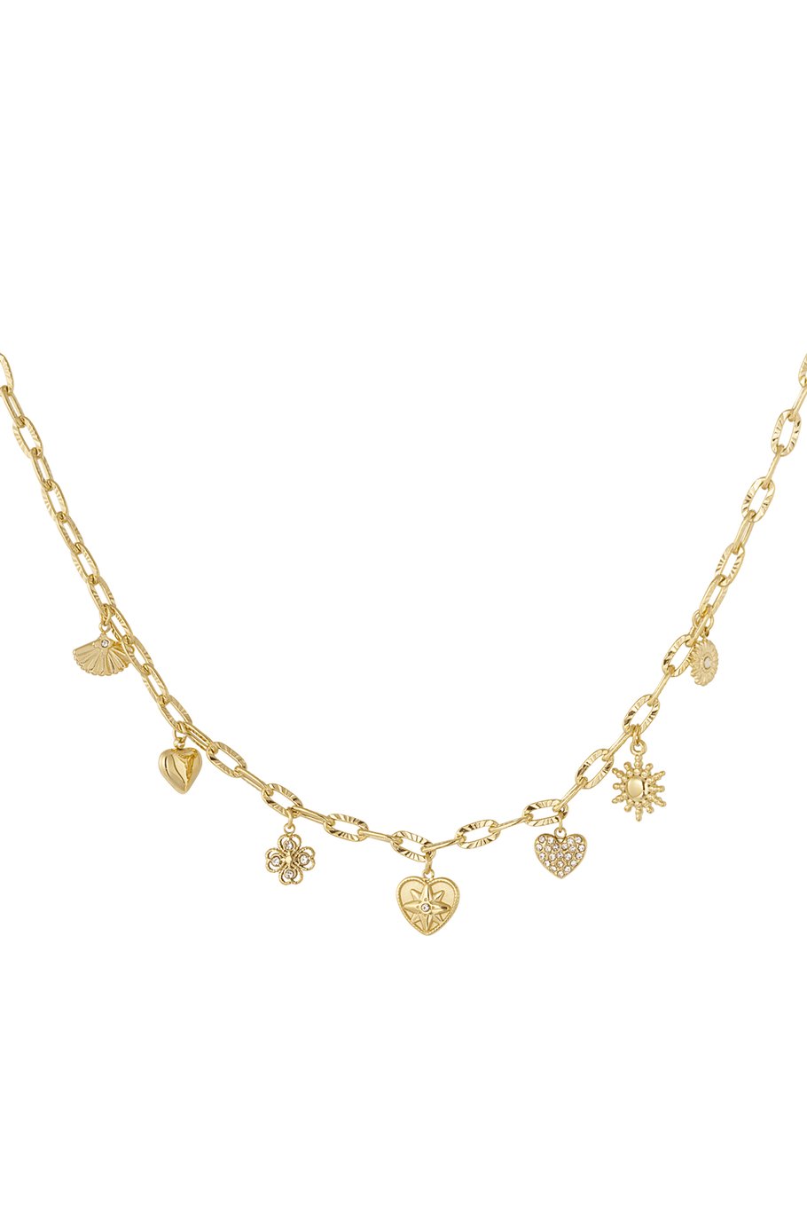 Charm Necklace Hearts Clover Sun Rinestones Gold