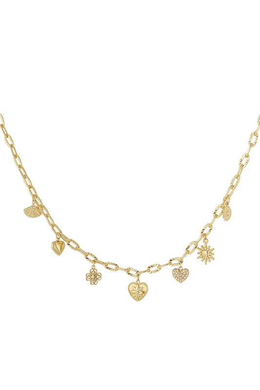 Charm Necklace Hearts Clover Sun Rinestones Gold