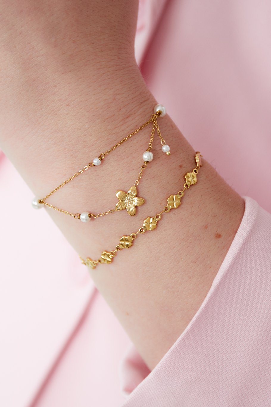 Double Bracelet Flower & Pearls Gold
