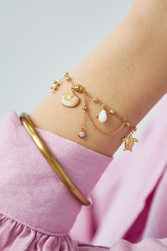 Charm Bracelet Seashell Starfish Turtle & Small Chain Gold