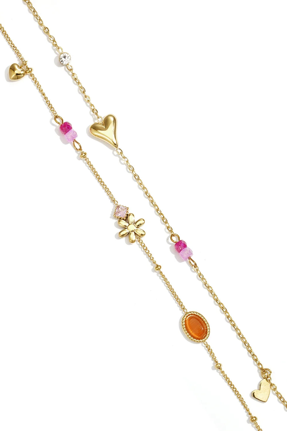 Double Bracelet Heart Flowers & Orange Pearls