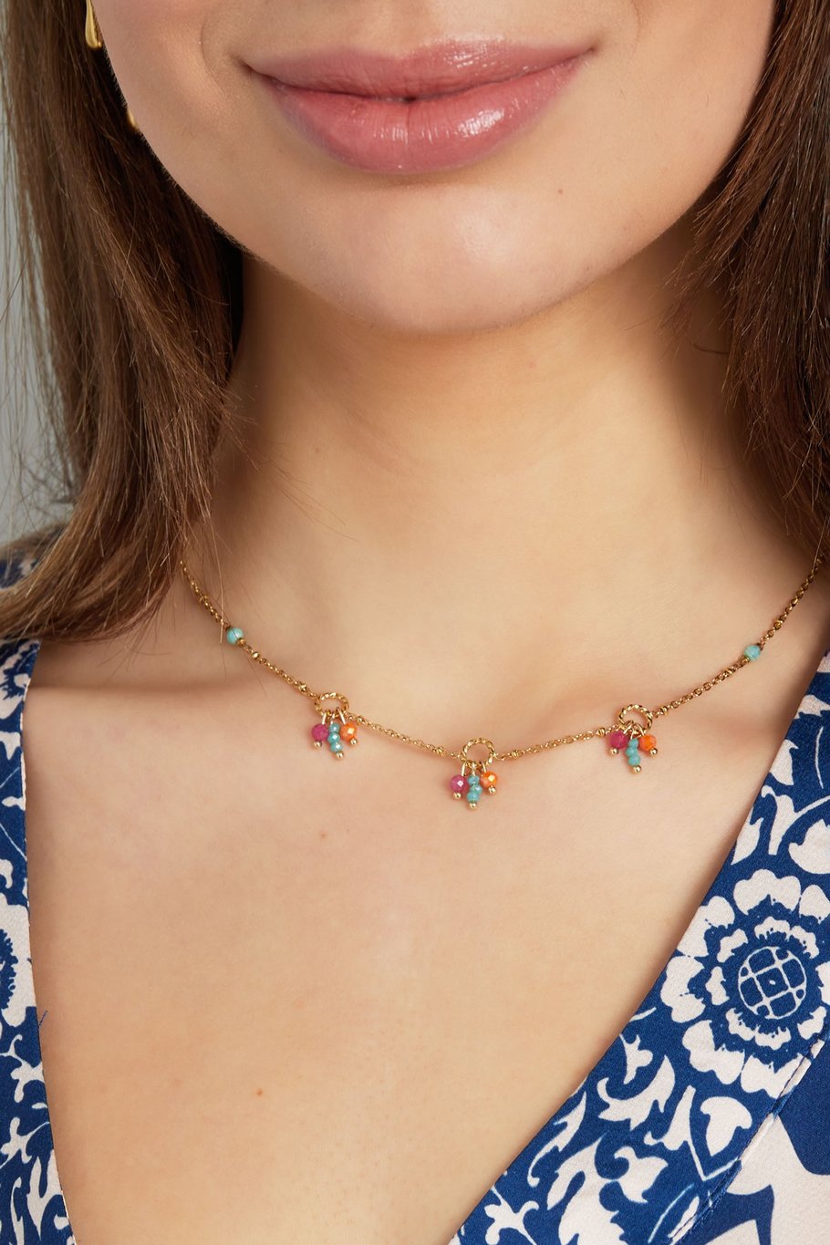 Triple Pearl String Necklace Blue Pink Orange Gold