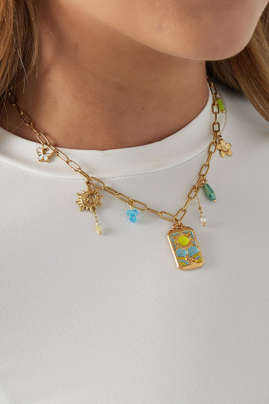 Charm Necklace Sunflower Pendant Turquoise Gold