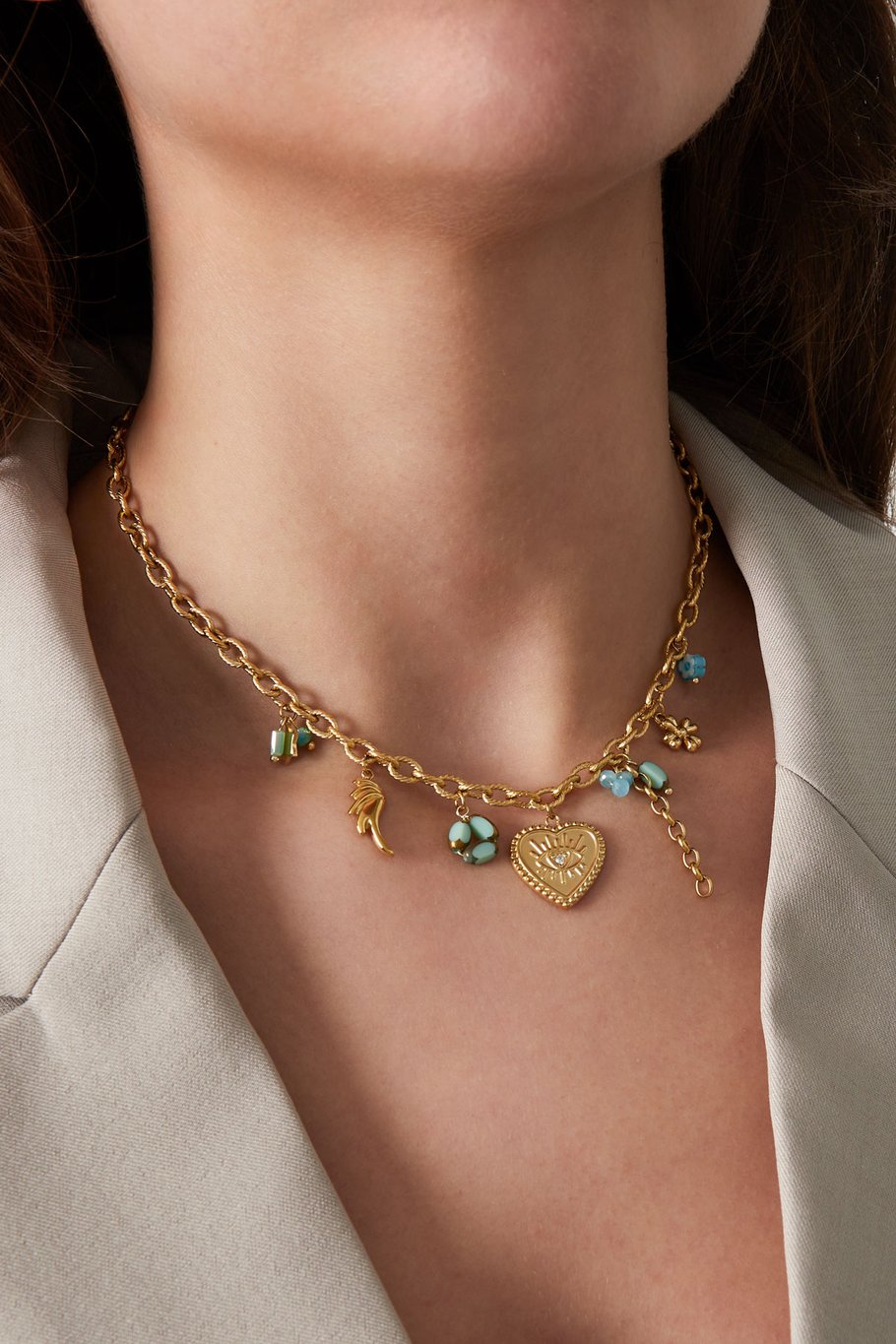 Charm Necklace Big Chain Heart & Turquoise Pearls Gold