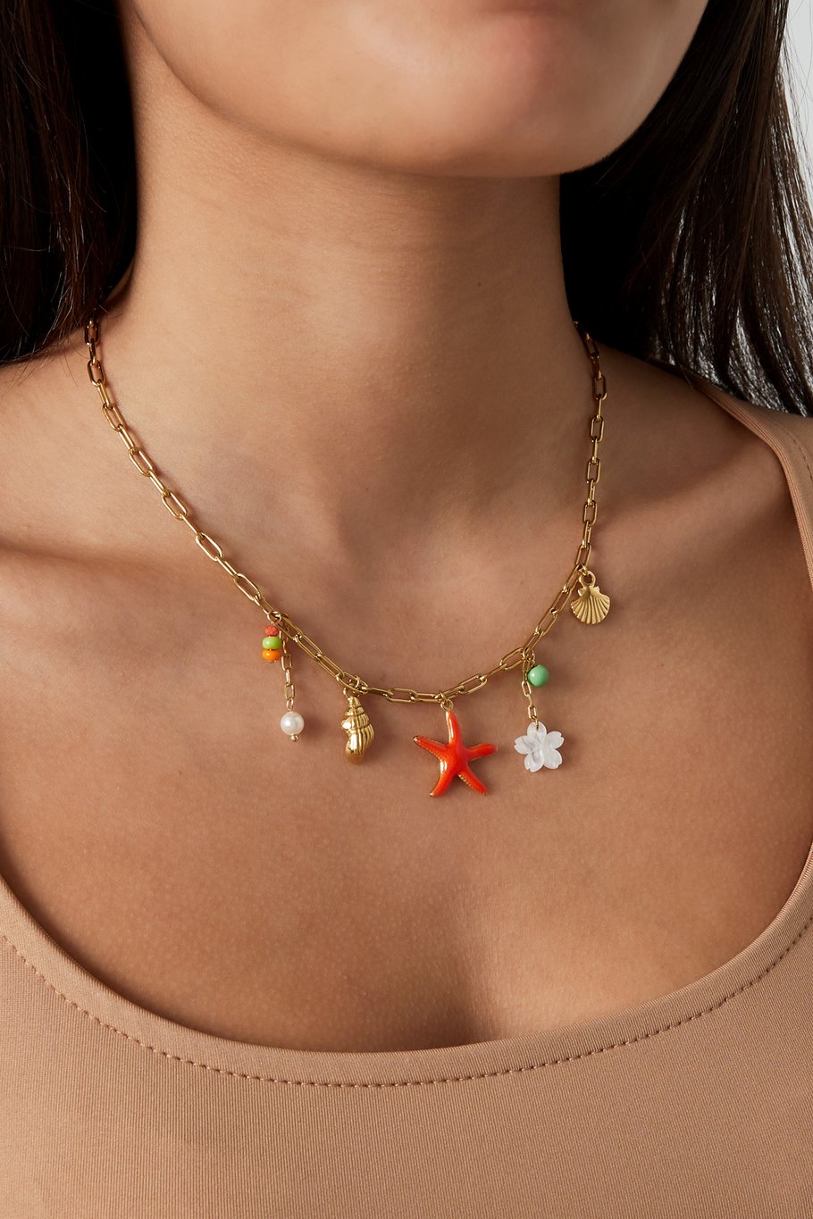 Orange Starfish Charm Necklace Gold