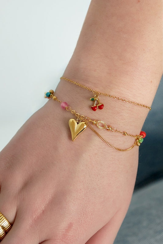 Charm Bracelet Big Heart Triple Multicolor Pearl Strings Gold