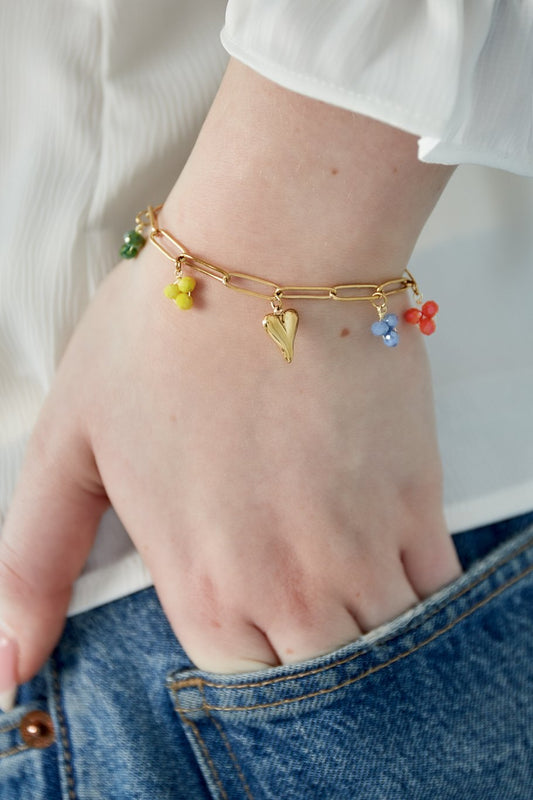 Charm Bracelet Triplet Pearl Pendants Multi Color & Big Heart Gold