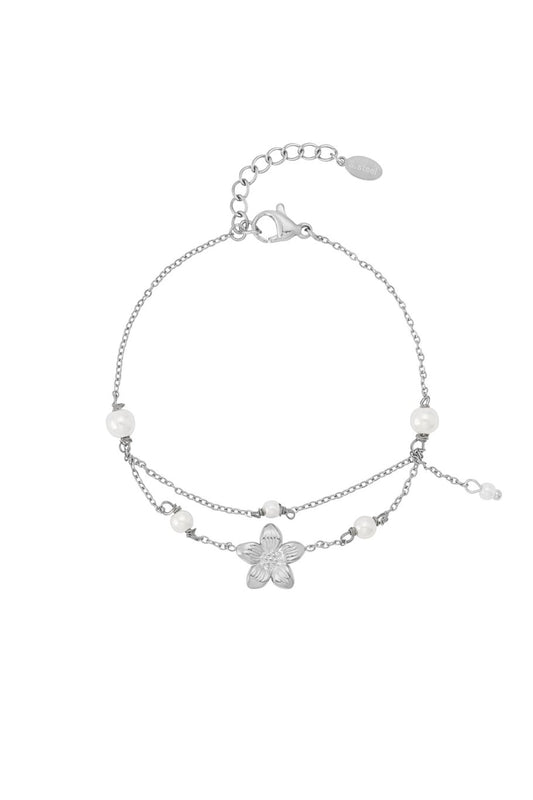 Double Bracelet Flower & Pearls Silver