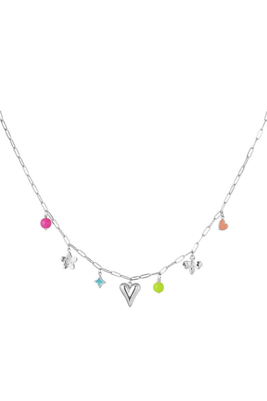Charm Necklace Heart & Colorfull Pearls Silver