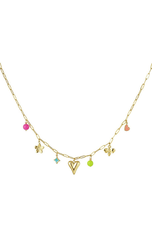Charm Necklace Heart & Colorfull Pearls Gold