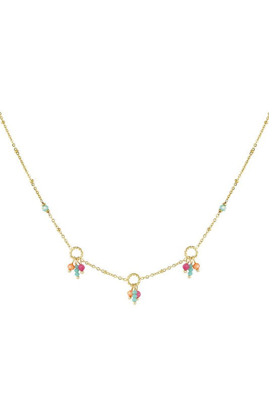 Triple Pearl String Necklace Blue Pink Orange Gold