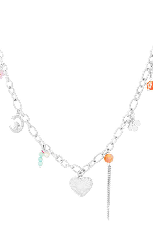 Charm Necklace Big Chain Heart Lucky Charm Multicolor & Chain String Silver