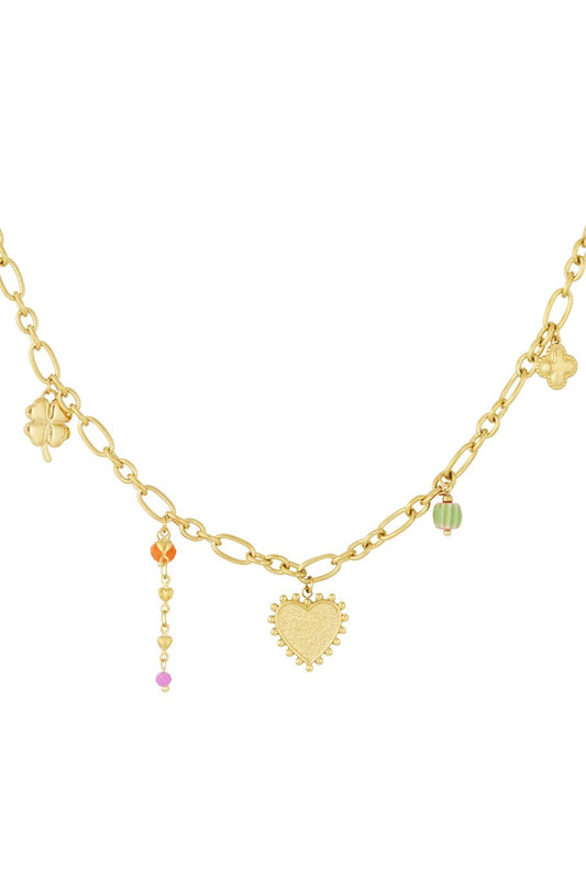Charm Necklace Big Boho Heart & Multicolor Pearls Gold