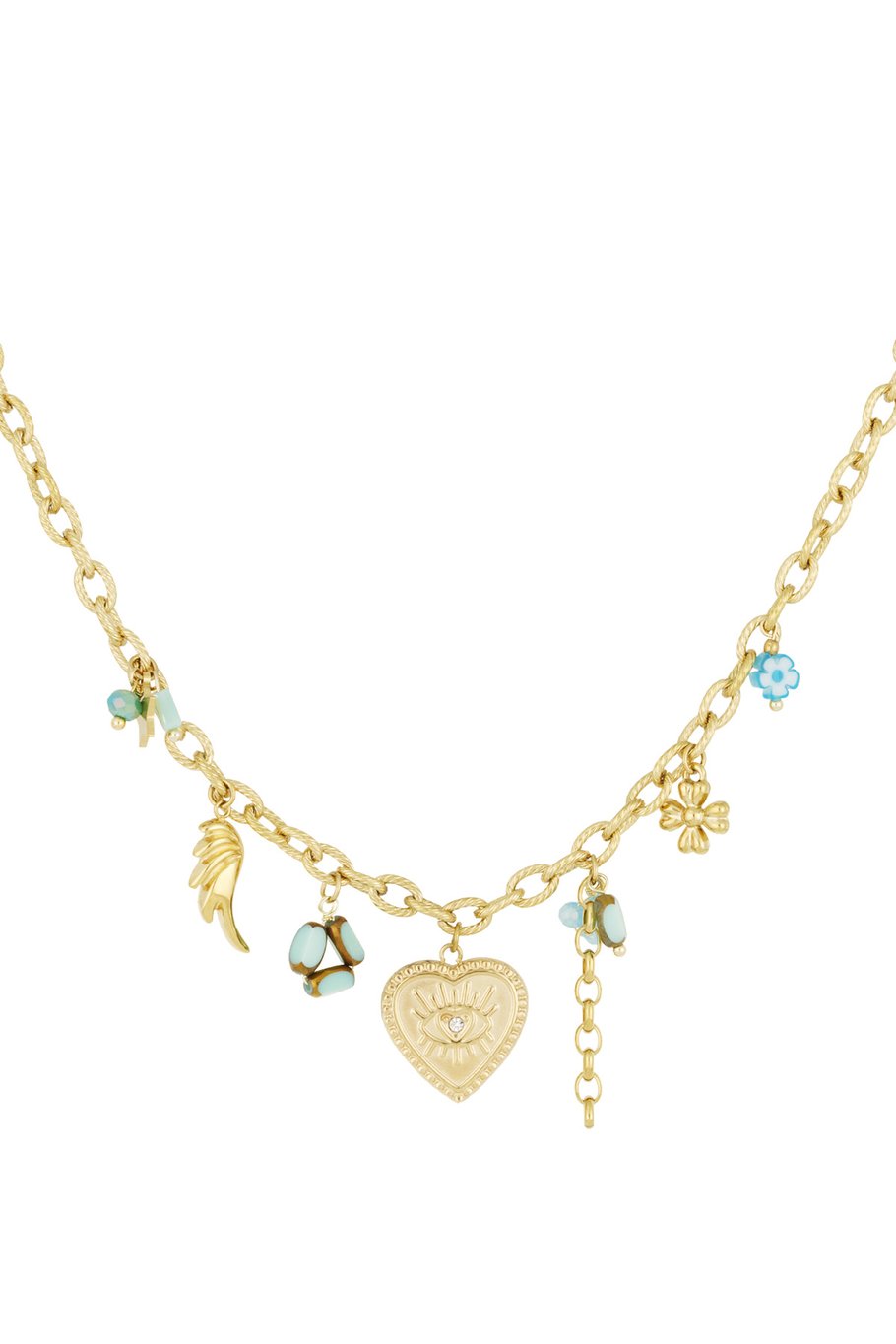 Charm Necklace Big Chain Heart & Turquoise Pearls Gold