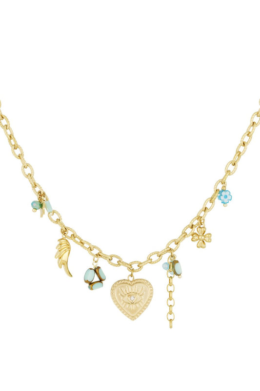 Charm Necklace Big Chain Heart & Turquoise Pearls Gold