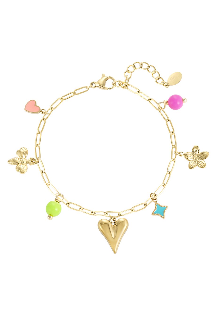 Charm Bracelet Multi Color (Heart Flower Bee) Gold
