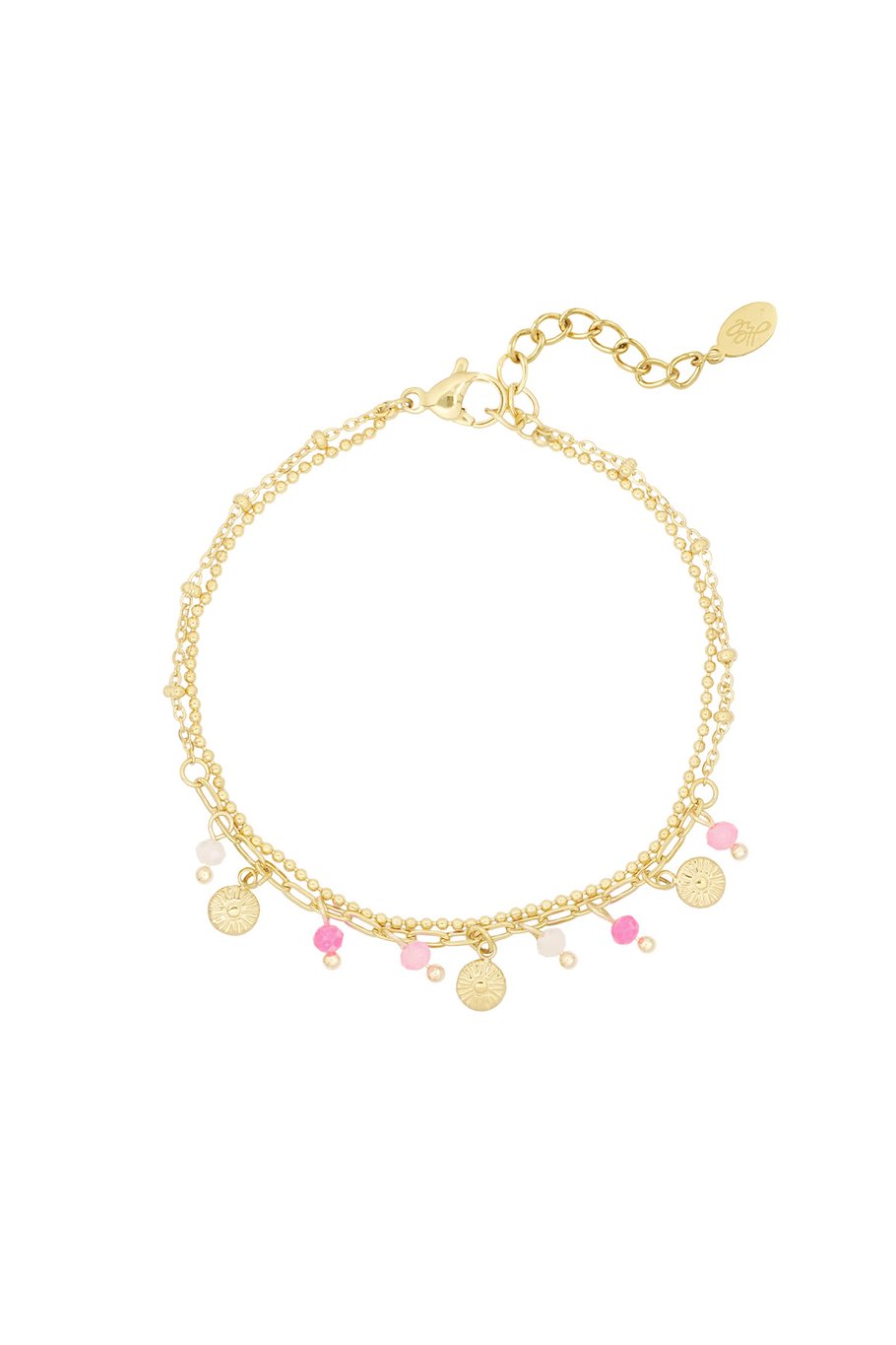 Double Bracelet Multi Color Pendant Pearls (Bright Pink & Light Pink) Gold