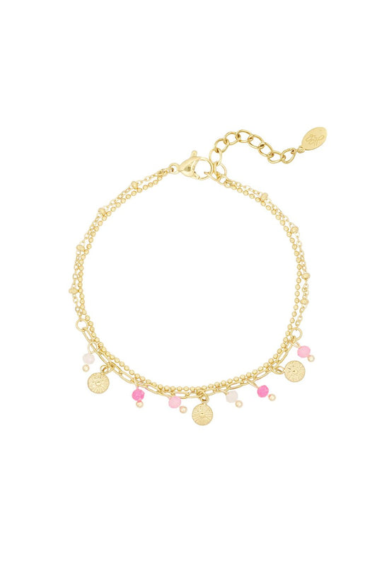 Double Bracelet Multi Color Pendant Pearls (Bright Pink & Light Pink) Gold