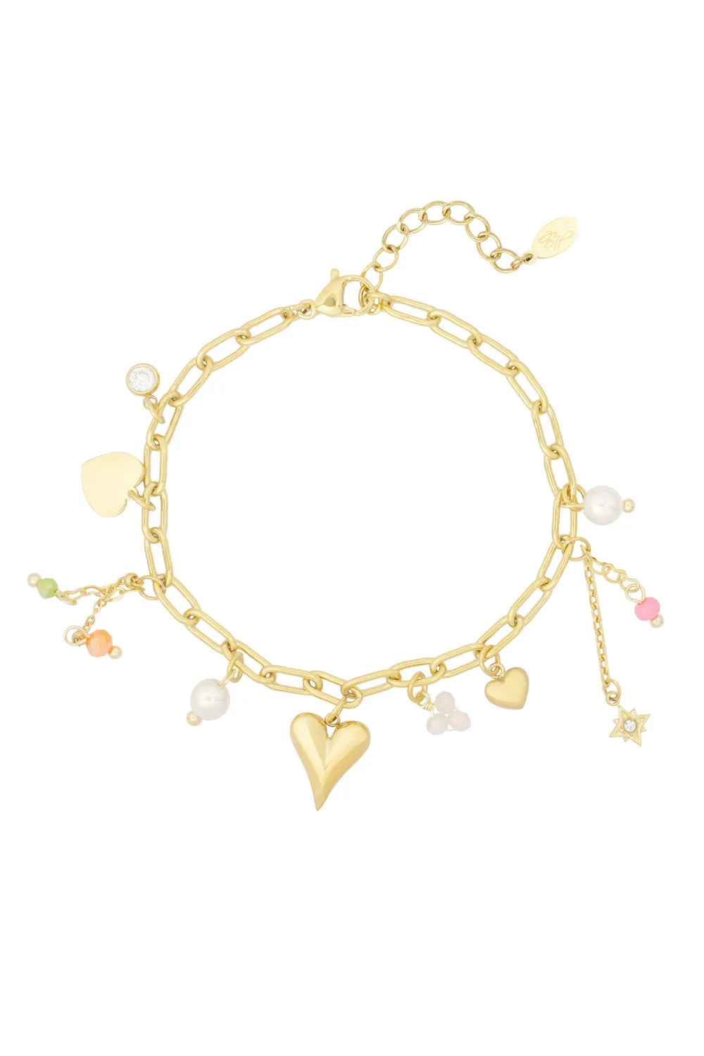 Charm Bracelet Heart & Pearls Green Orange Pink