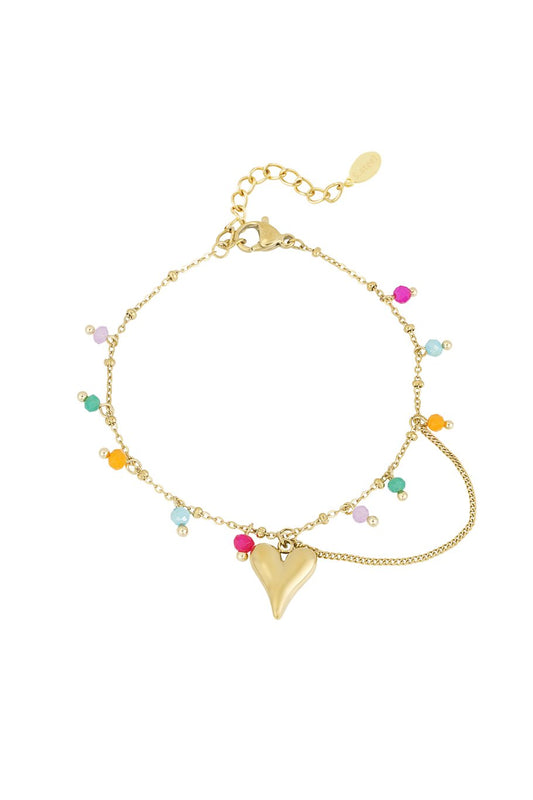 Multicolor Pearls Bracelet With Big Heart Gold