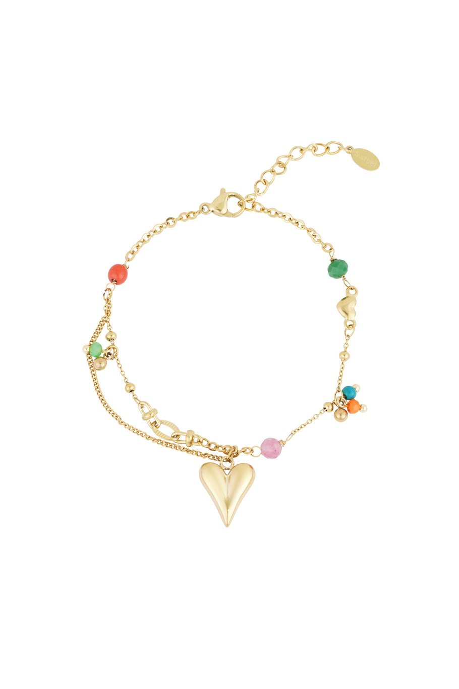 Charm Bracelet Big Heart Triple Multicolor Pearl Strings Gold