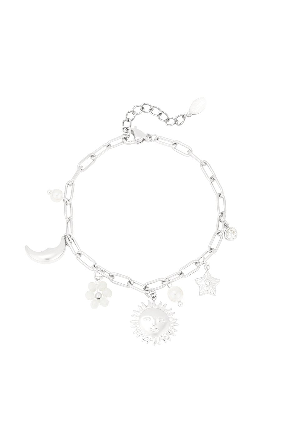 Charm Bracelet Sun Moon Flower Star & Fresh Water Pearls Silver