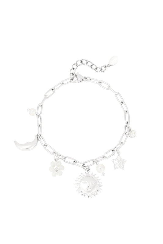 Charm Bracelet Sun Moon Flower Star & Fresh Water Pearls Silver