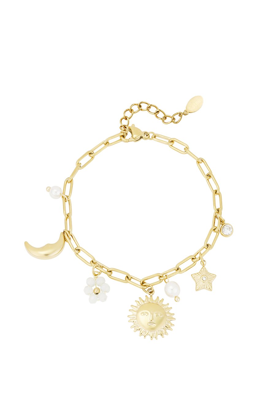 Charm Bracelet Sun Moon Flower Star & Fresh Water Pearls Gold