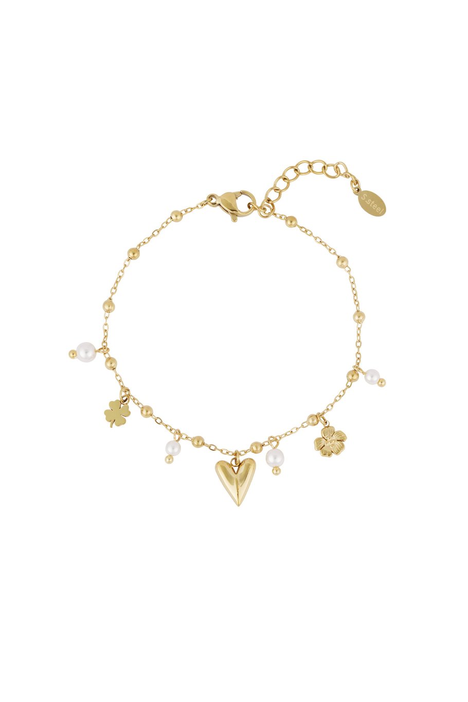 Charm Bracelet Heart Flowers Pearls Gold