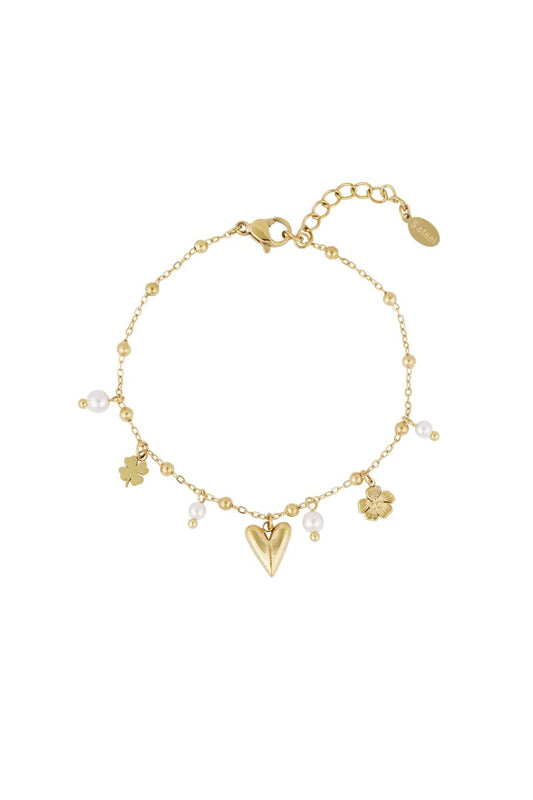 Charm Bracelet Heart Flowers Pearls Gold