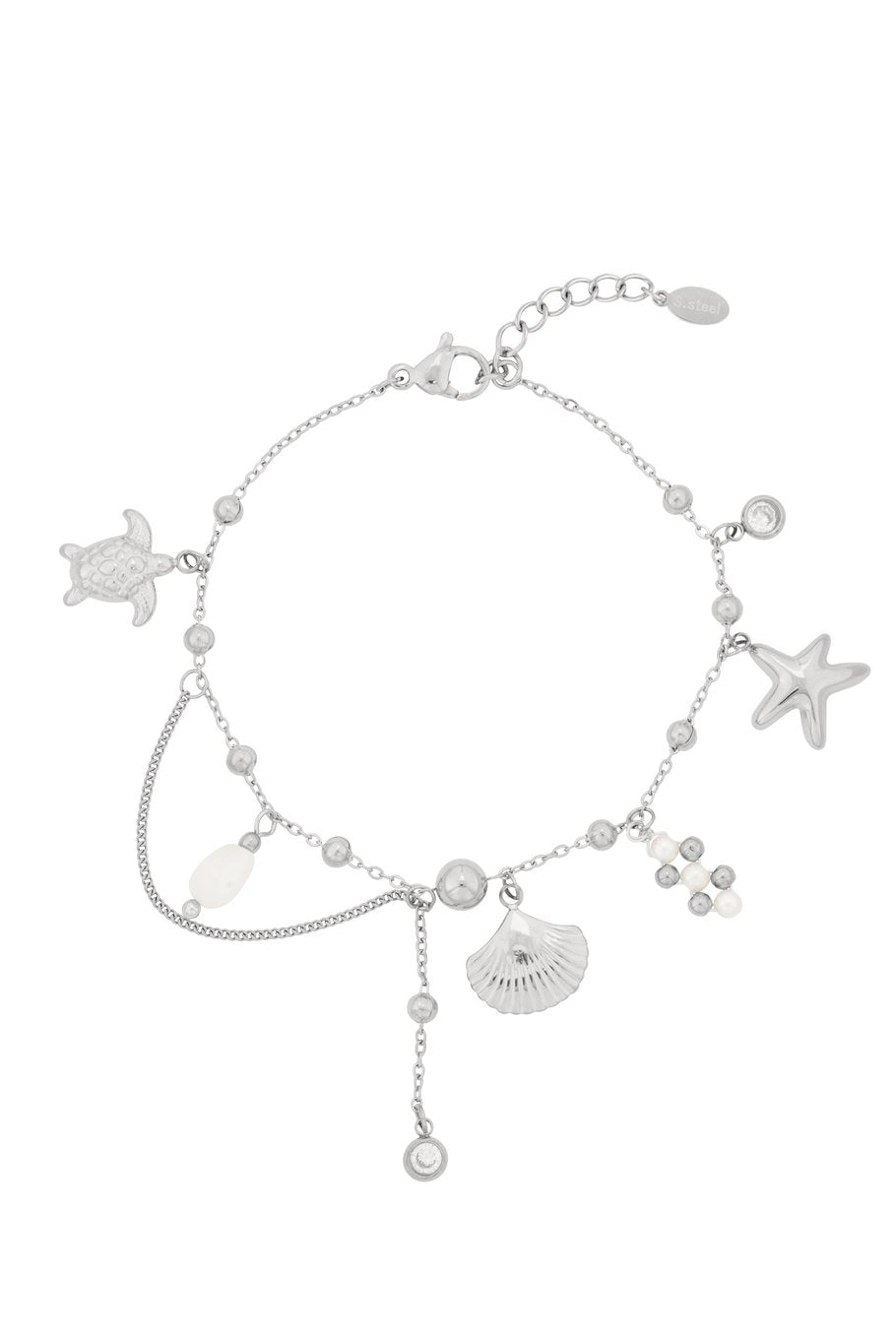 Charm Bracelet Seashell Starfish Turtle & Small Chain Silver