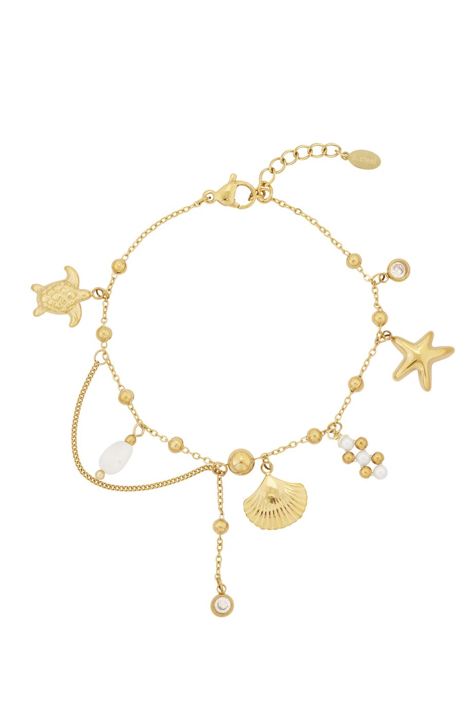 Charm Bracelet Seashell Starfish Turtle & Small Chain Gold