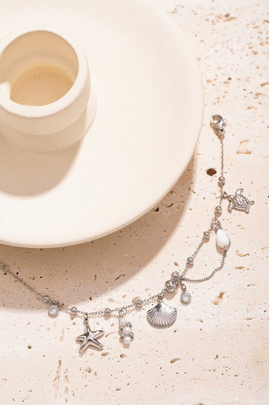 Charm Bracelet Seashell Starfish Turtle & Small Chain Silver