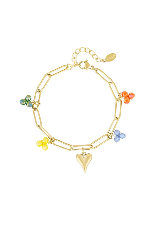 Charm Bracelet Triplet Pearl Pendants Multi Color & Big Heart Gold