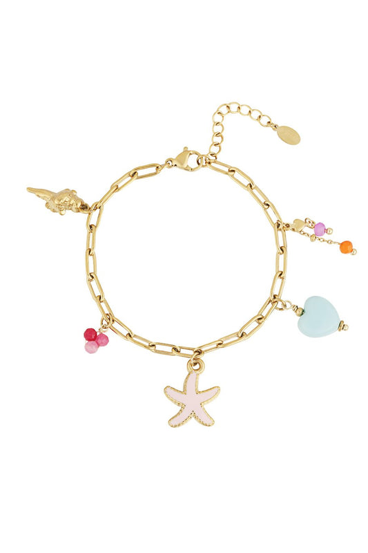 Charm Bracelet Pink Starfish Blue Heart Gold