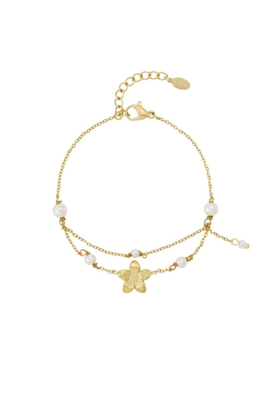 Double Bracelet Flower & Pearls Gold
