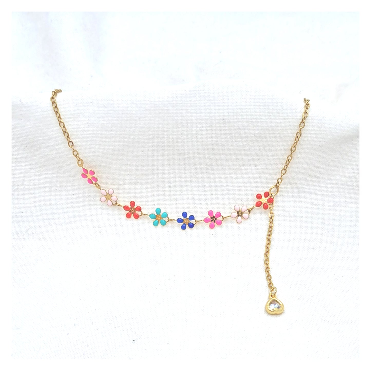 Flower Anklet with chain & heart pendant