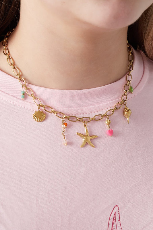 Starfish & Pastel Pearls Charm Necklace Gold